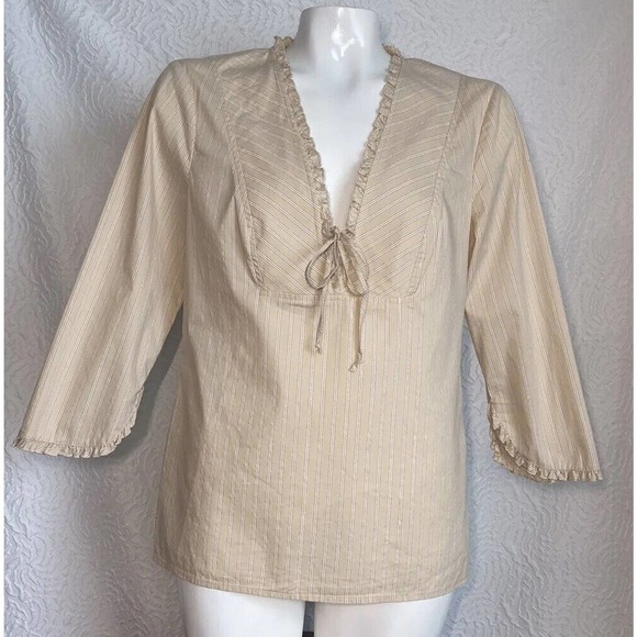 BCBG MaxAzria Womens Blouse Top Tan Stripes Ruffle Sleeve Edge Shirt Size 10 - Picture 6 of 13